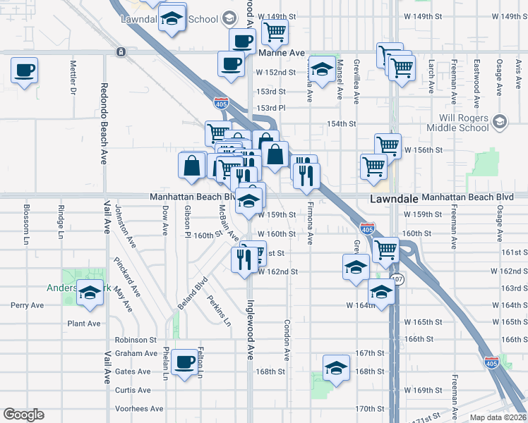 map of restaurants, bars, coffee shops, grocery stores, and more near 4737 West 159th Street in Lawndale