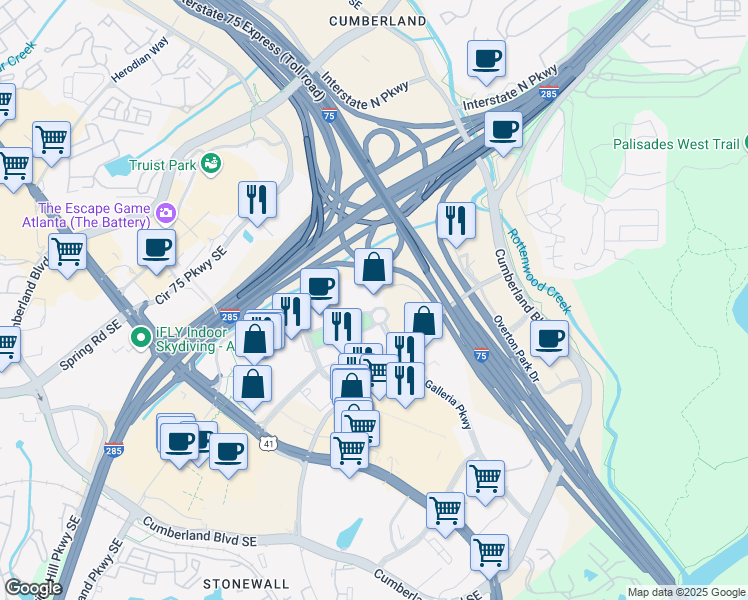 map of restaurants, bars, coffee shops, grocery stores, and more near 400 Galleria Parkway Southeast in Atlanta