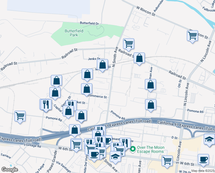 map of restaurants, bars, coffee shops, grocery stores, and more near 216 North Smith Avenue in Corona