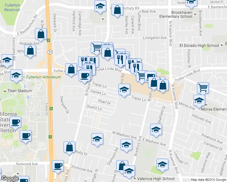 map of restaurants, bars, coffee shops, grocery stores, and more near 3130 Topaz Lane in Fullerton
