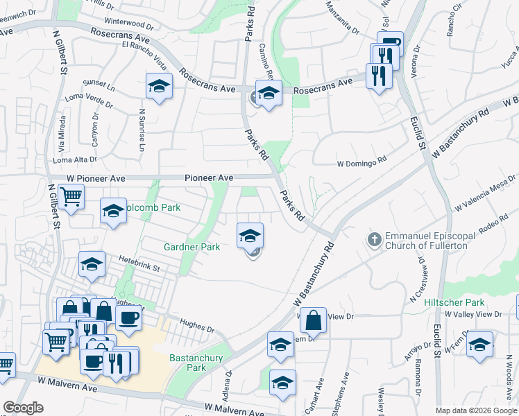 map of restaurants, bars, coffee shops, grocery stores, and more near 1444 Armijo Street in Fullerton