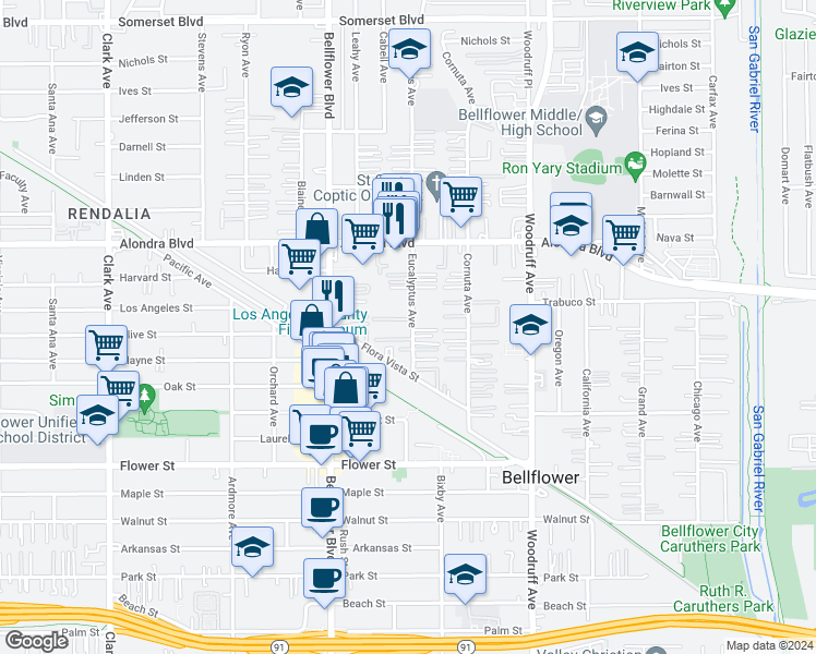map of restaurants, bars, coffee shops, grocery stores, and more near 16224 1/2 Eucalyptus Avenue in Bellflower
