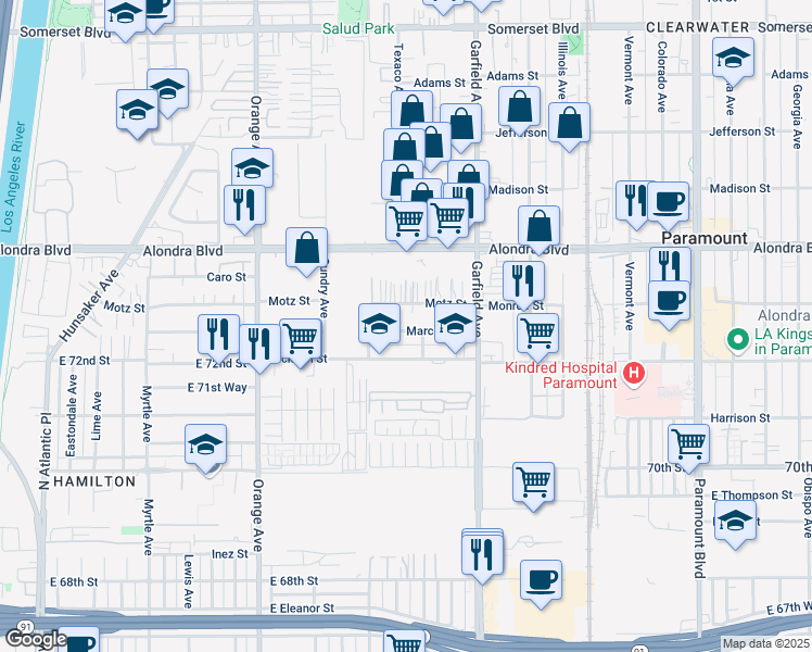 map of restaurants, bars, coffee shops, grocery stores, and more near 7247 Marcelle Street in Paramount
