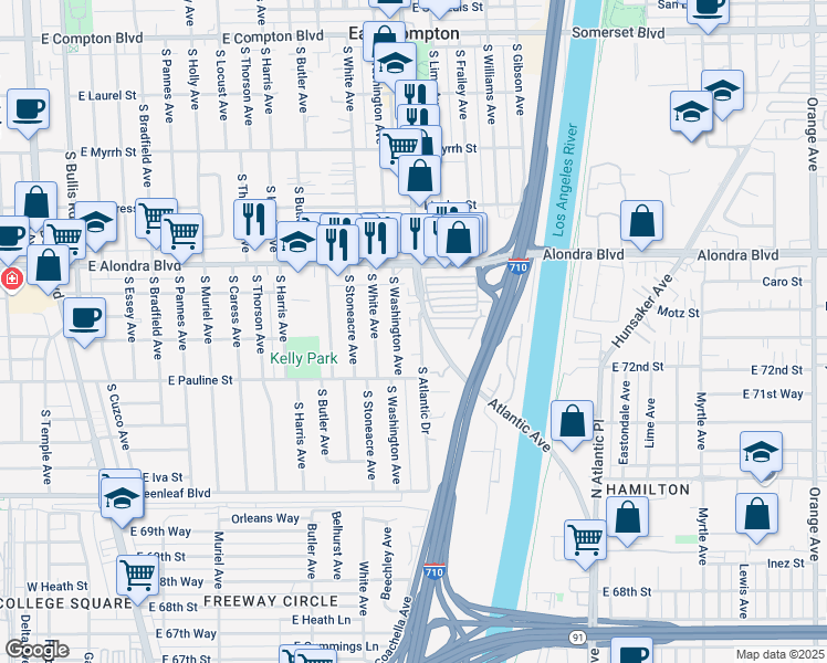 map of restaurants, bars, coffee shops, grocery stores, and more near 16101 Atlantic Avenue in Compton