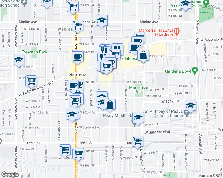 map of restaurants, bars, coffee shops, grocery stores, and more near 15903 Dalton Avenue in Gardena
