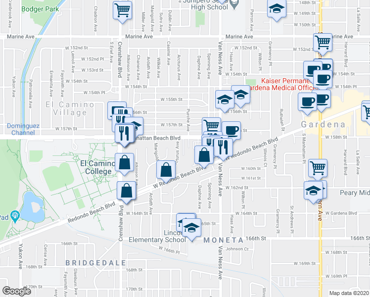 map of restaurants, bars, coffee shops, grocery stores, and more near 15825 Arcturus Avenue in Gardena