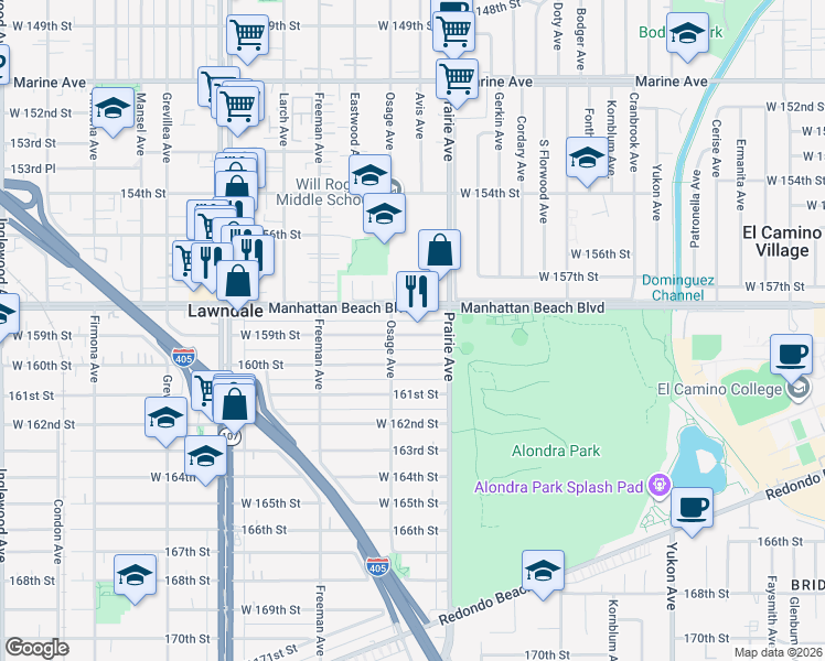 map of restaurants, bars, coffee shops, grocery stores, and more near 4045 159th Street in Lawndale
