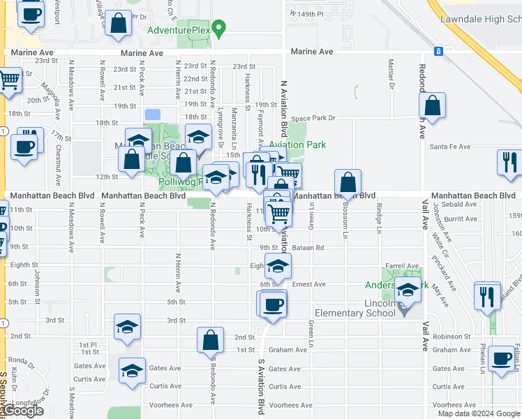 map of restaurants, bars, coffee shops, grocery stores, and more near 1822 11th Street in Manhattan Beach