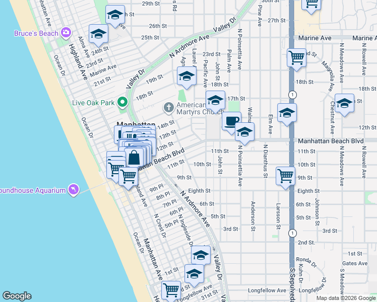 map of restaurants, bars, coffee shops, grocery stores, and more near 656 Manhattan Beach Boulevard in Manhattan Beach