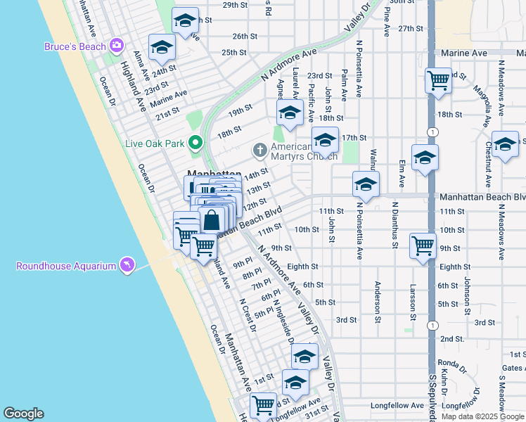 map of restaurants, bars, coffee shops, grocery stores, and more near 1145 Fisher Avenue in Manhattan Beach