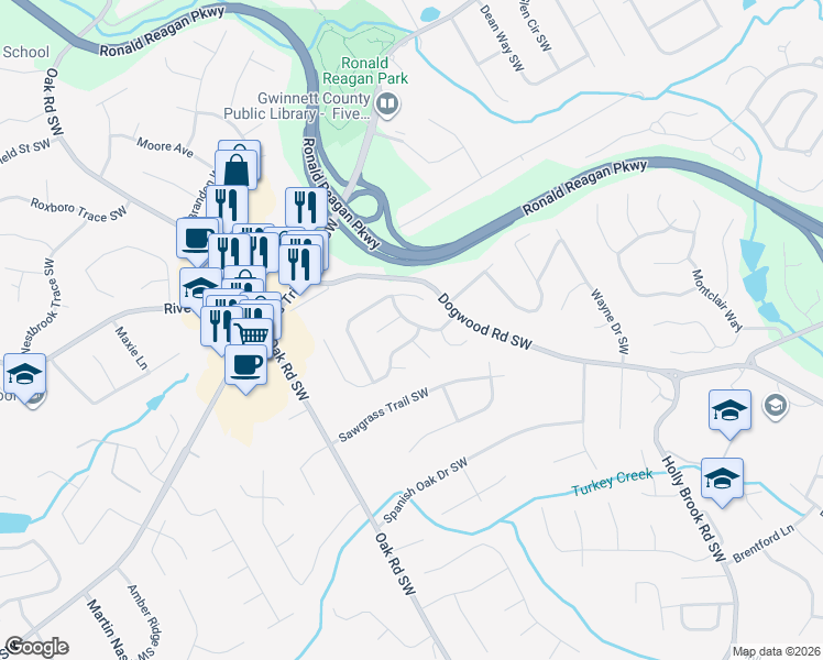 map of restaurants, bars, coffee shops, grocery stores, and more near 959 Dominion Walk Drive Southwest in Snellville