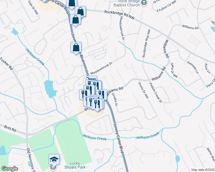 map of restaurants, bars, coffee shops, grocery stores, and more near 860 Omaha Drive in Norcross