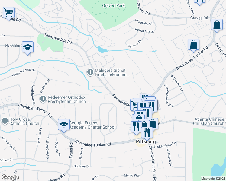 map of restaurants, bars, coffee shops, grocery stores, and more near 4041 Woodridge Way in Tucker