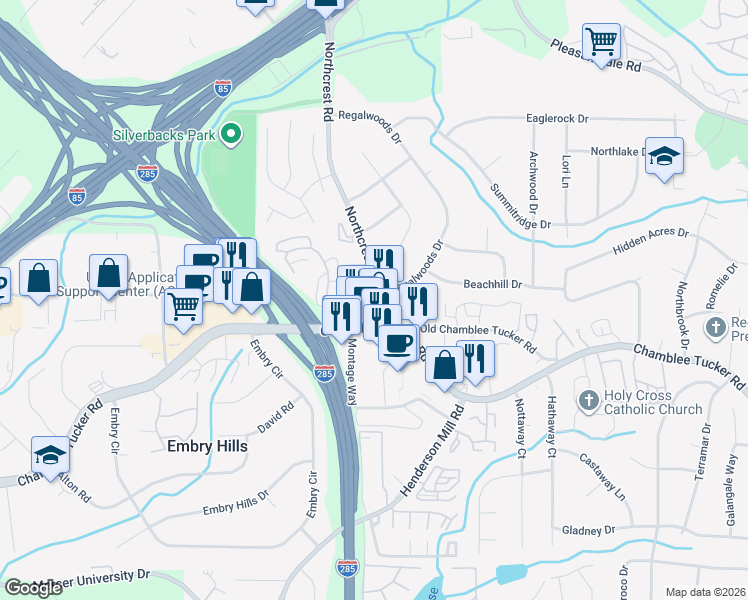 map of restaurants, bars, coffee shops, grocery stores, and more near 3314 Northcrest Road in Doraville