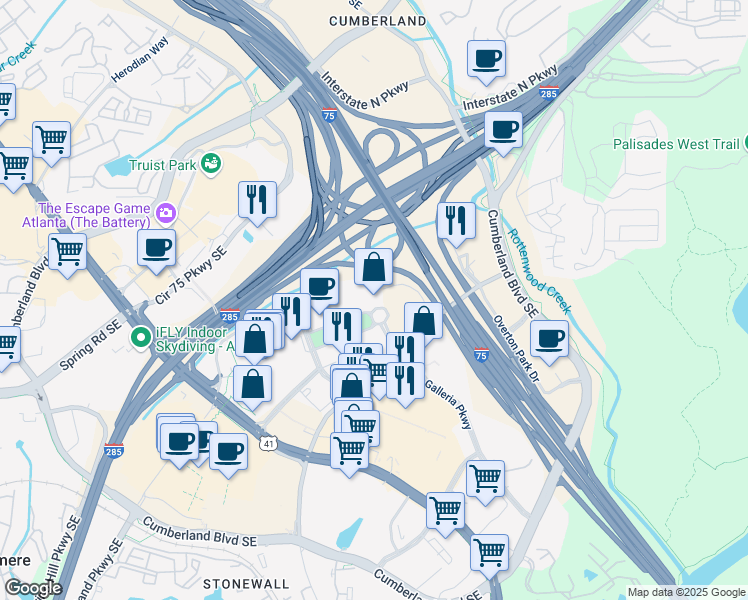 map of restaurants, bars, coffee shops, grocery stores, and more near 300 Galleria Parkway in Atlanta