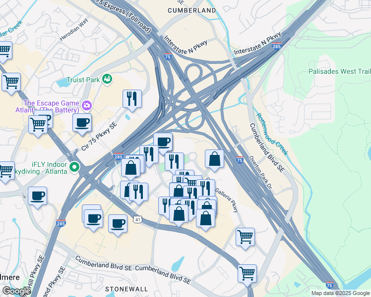 map of restaurants, bars, coffee shops, grocery stores, and more near 300 Galleria Parkway in Atlanta