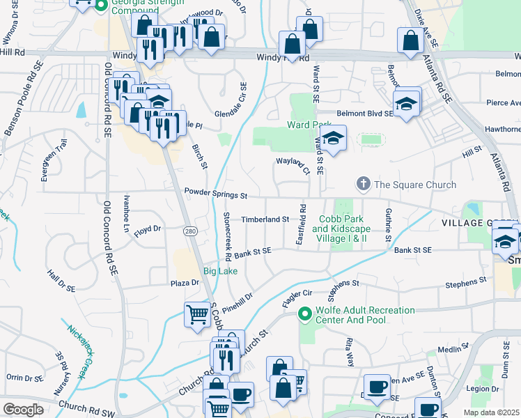 map of restaurants, bars, coffee shops, grocery stores, and more near 2724 Parkwood Road in Smyrna