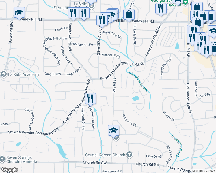 map of restaurants, bars, coffee shops, grocery stores, and more near 51 Overbrook Drive in Smyrna