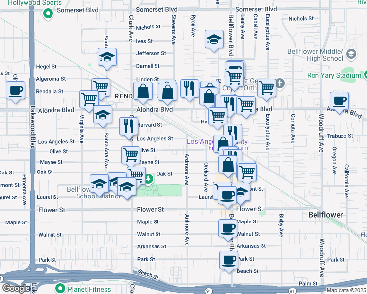 map of restaurants, bars, coffee shops, grocery stores, and more near 9567 Olive St in Bellflower