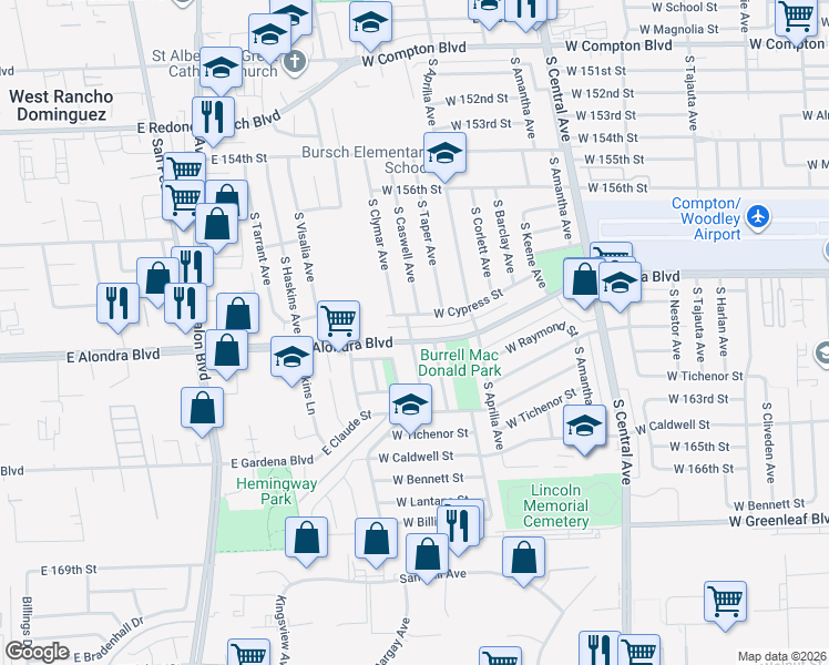 map of restaurants, bars, coffee shops, grocery stores, and more near 2641 West Alondra Boulevard in Compton
