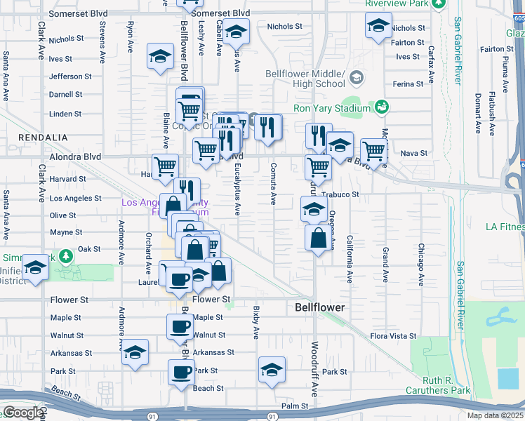 map of restaurants, bars, coffee shops, grocery stores, and more near 16229 Cornuta Avenue in Bellflower