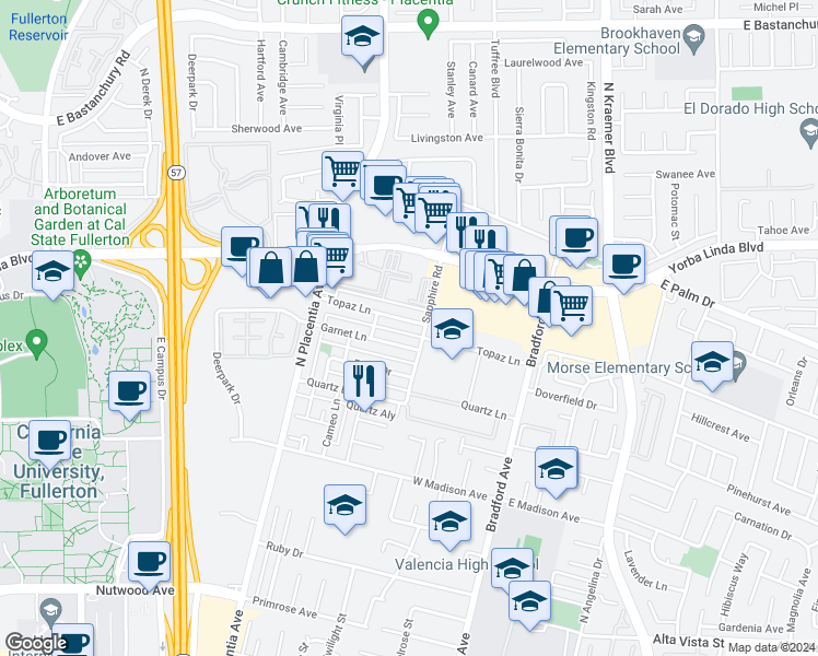 map of restaurants, bars, coffee shops, grocery stores, and more near 3130 Topaz Lane in Fullerton