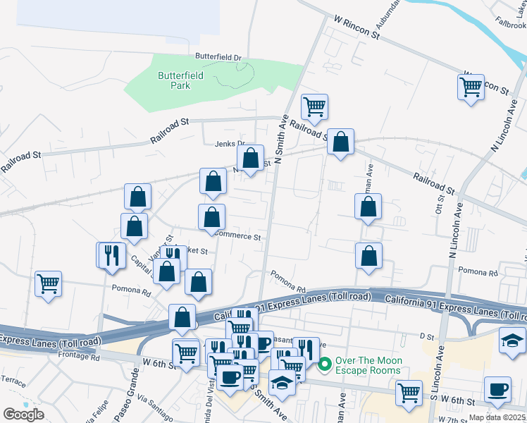 map of restaurants, bars, coffee shops, grocery stores, and more near 216 North Smith Avenue in Corona