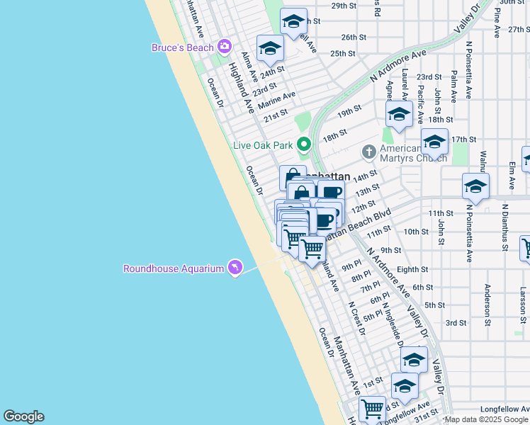 map of restaurants, bars, coffee shops, grocery stores, and more near 1408 Ocean Drive in Manhattan Beach