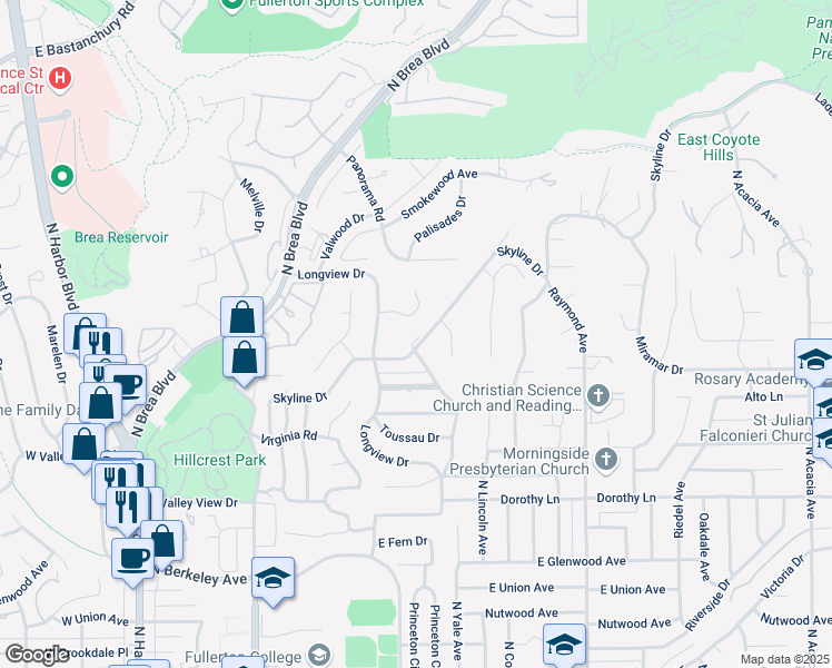 map of restaurants, bars, coffee shops, grocery stores, and more near 1701 Skyline Drive in Fullerton