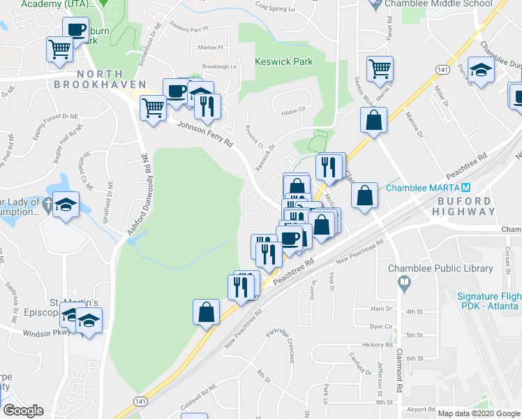 map of restaurants, bars, coffee shops, grocery stores, and more near 2445 Gatebury Circle in Atlanta