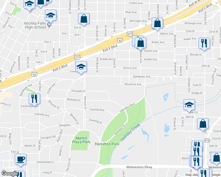 map of restaurants, bars, coffee shops, grocery stores, and more near 2006 Avondale Street in Wichita Falls