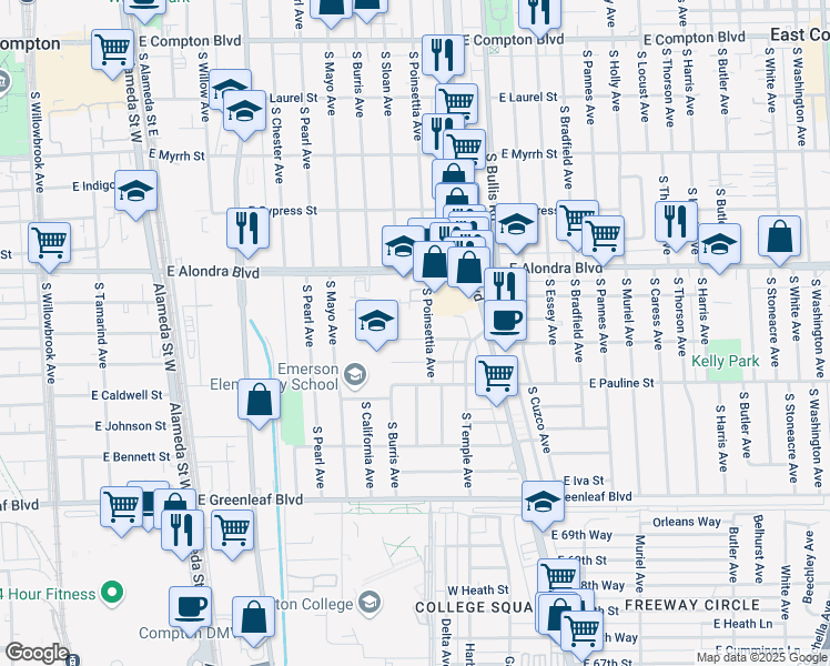 map of restaurants, bars, coffee shops, grocery stores, and more near 1205 East Marcelle Street in Compton