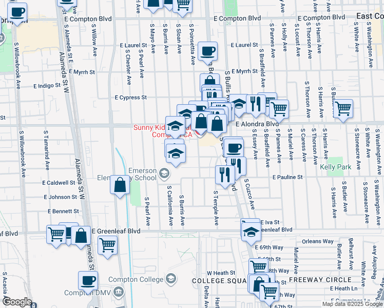 map of restaurants, bars, coffee shops, grocery stores, and more near 1205 East Marcelle Street in Compton