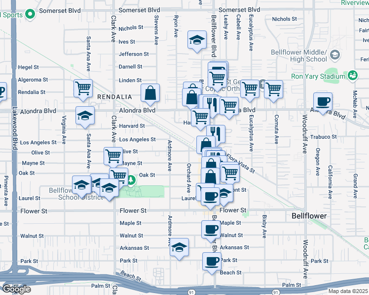 map of restaurants, bars, coffee shops, grocery stores, and more near 9629 Olive Street in Bellflower