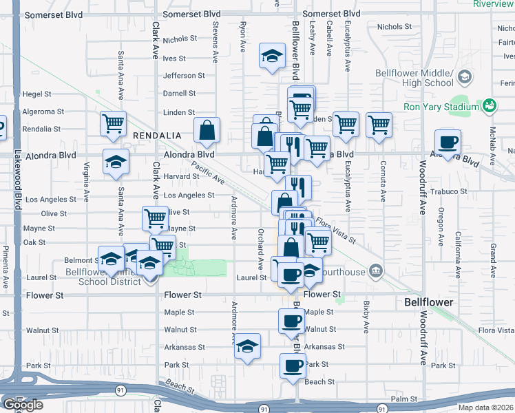 map of restaurants, bars, coffee shops, grocery stores, and more near 16219 Orchard Avenue in Bellflower