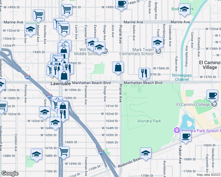 map of restaurants, bars, coffee shops, grocery stores, and more near 4045 159th Street in Lawndale