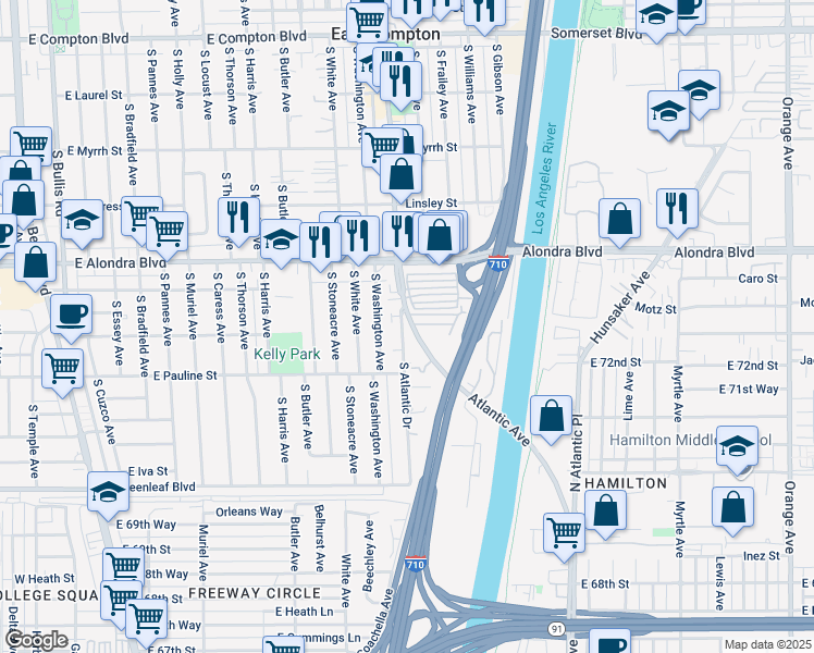 map of restaurants, bars, coffee shops, grocery stores, and more near 16101 Atlantic Avenue in Compton