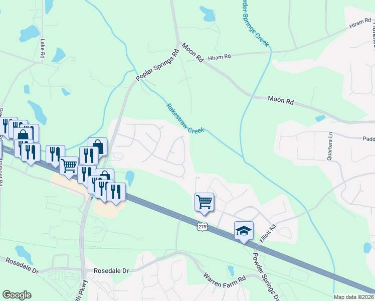 map of restaurants, bars, coffee shops, grocery stores, and more near 432 Poplar Farms Drive in Hiram
