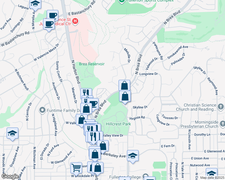 map of restaurants, bars, coffee shops, grocery stores, and more near 1501 North Brea Boulevard in Fullerton