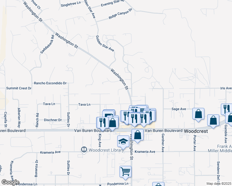 map of restaurants, bars, coffee shops, grocery stores, and more near 16842 Stallion Place in Riverside