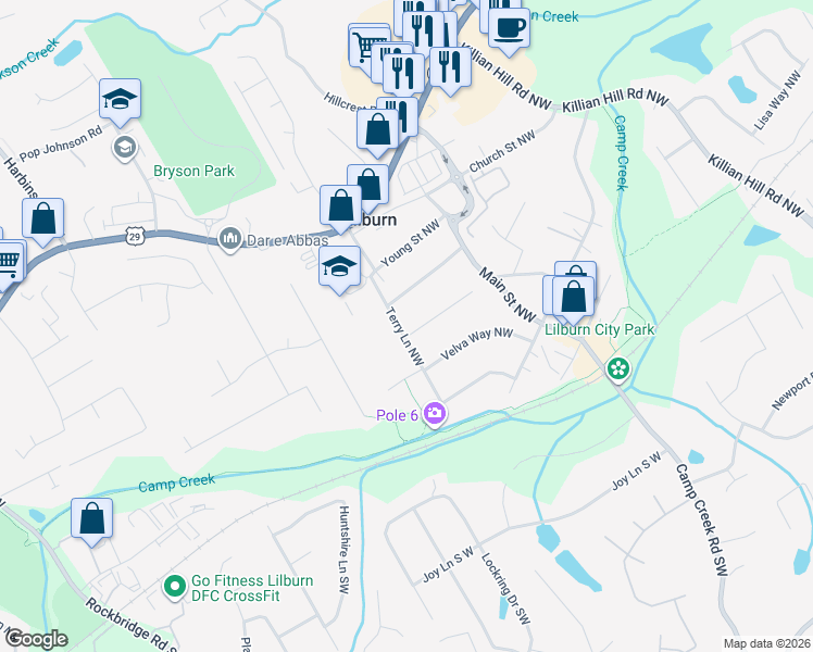 map of restaurants, bars, coffee shops, grocery stores, and more near 182 Maurice Drive Northwest in Lilburn