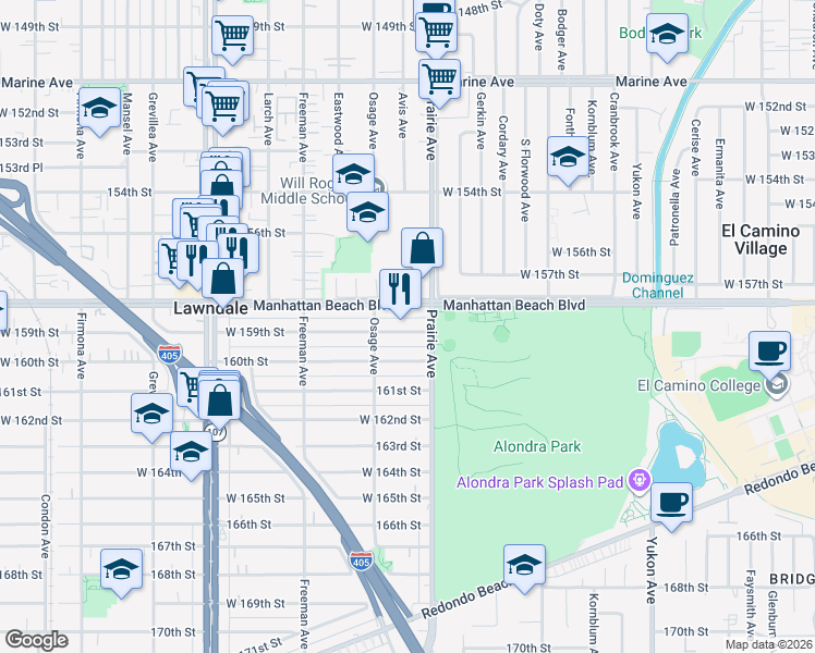 map of restaurants, bars, coffee shops, grocery stores, and more near 4027 159th Street in Lawndale
