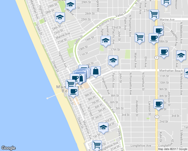 map of restaurants, bars, coffee shops, grocery stores, and more near 1140 Fisher Avenue in Manhattan Beach