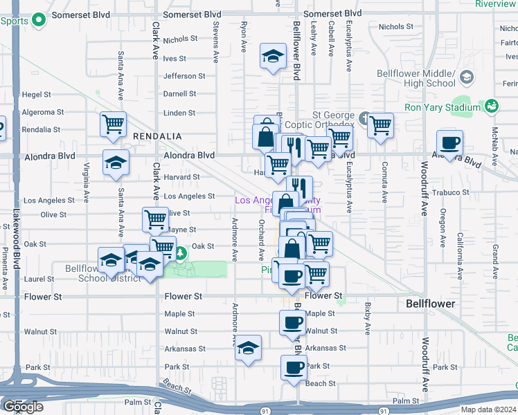 map of restaurants, bars, coffee shops, grocery stores, and more near 16219 Orchard Avenue in Bellflower