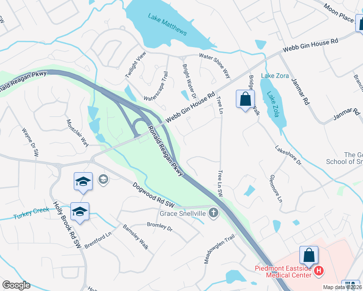 map of restaurants, bars, coffee shops, grocery stores, and more near 2479 Brook Park Trail in Snellville