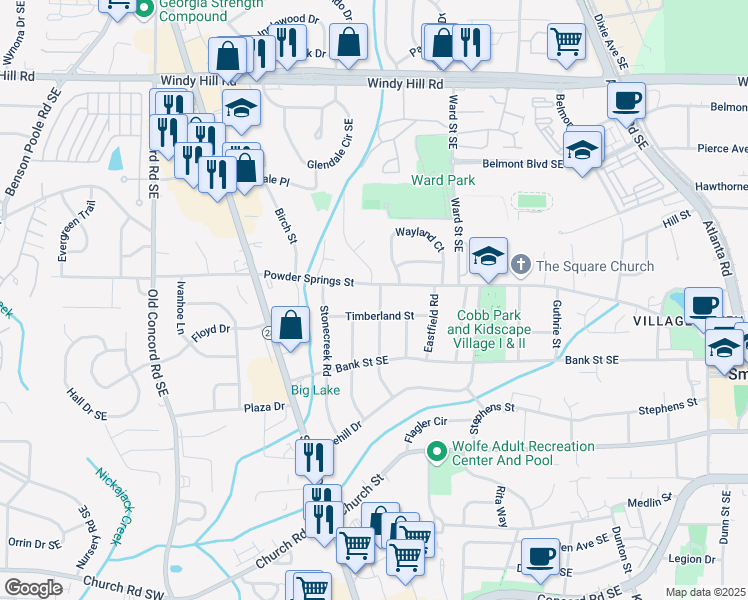map of restaurants, bars, coffee shops, grocery stores, and more near 2724 Parkwood Road in Smyrna