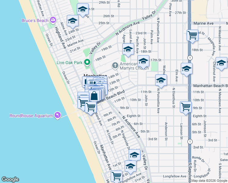 map of restaurants, bars, coffee shops, grocery stores, and more near 1140 Fisher Avenue in Manhattan Beach
