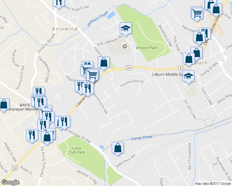 map of restaurants, bars, coffee shops, grocery stores, and more near 266 Harbins Road Northwest in Lilburn