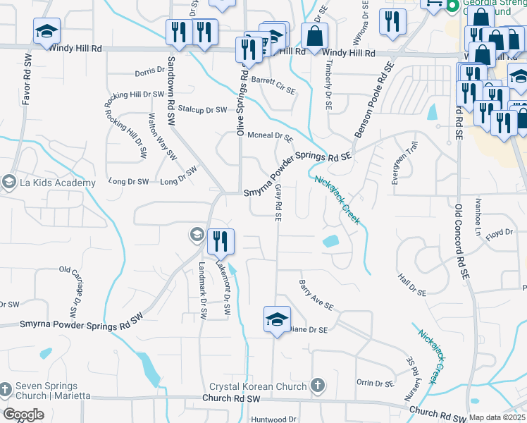map of restaurants, bars, coffee shops, grocery stores, and more near 51 Overbrook Drive in Smyrna