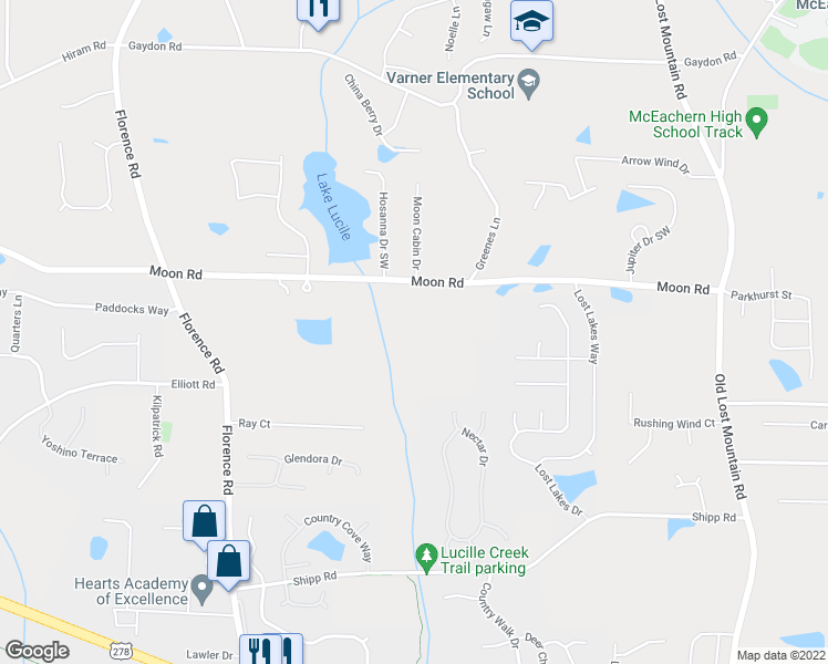 map of restaurants, bars, coffee shops, grocery stores, and more near 4915 Moon Road in Powder Springs